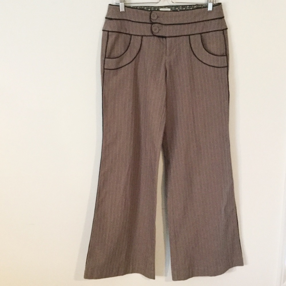 Anthropologie Wide-Leg Pinstripe Trousers in Taupe with Dark Trim